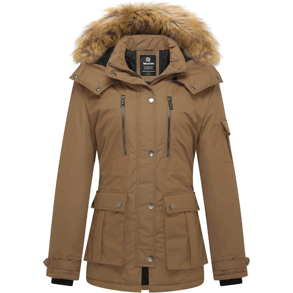 Women's Khaki Winter Coat Warm Puffer Jacket With Removable Hood